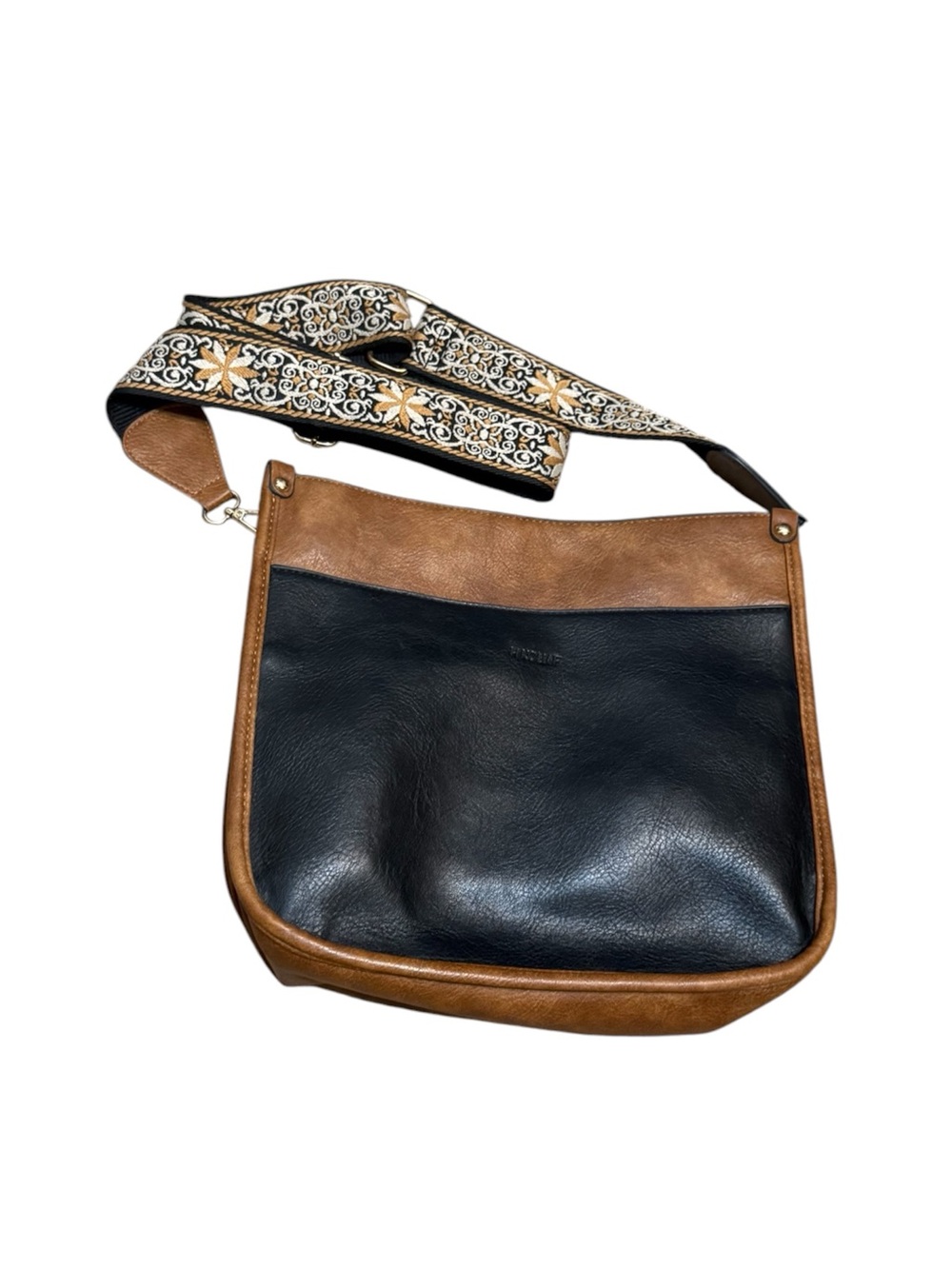 Two-Tone Black Brown Crossbody Vegan Leather Hobo Bag Adjustable Guitar Strap